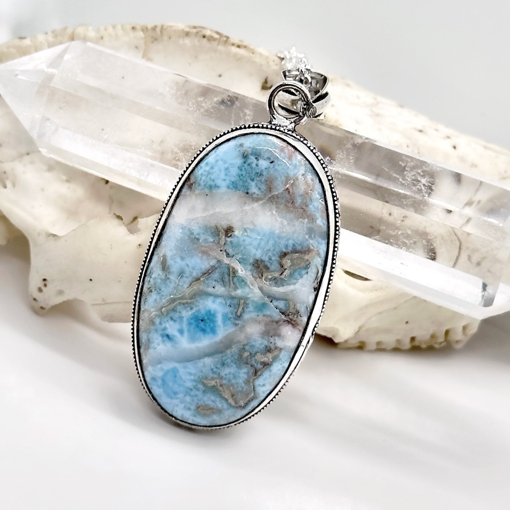 Huge Natural Larimar Silver Gemstone Pendant Necklace